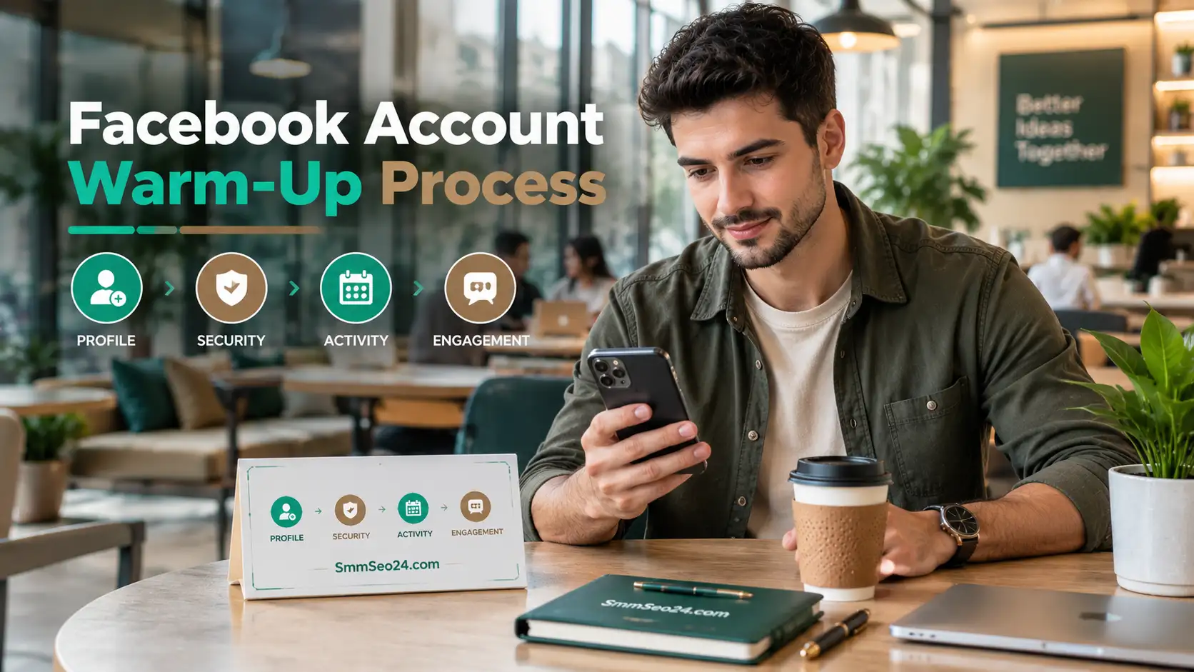 Flowchart diagram illustrating the step by step warm up process for newly purchased aged Facebook accounts