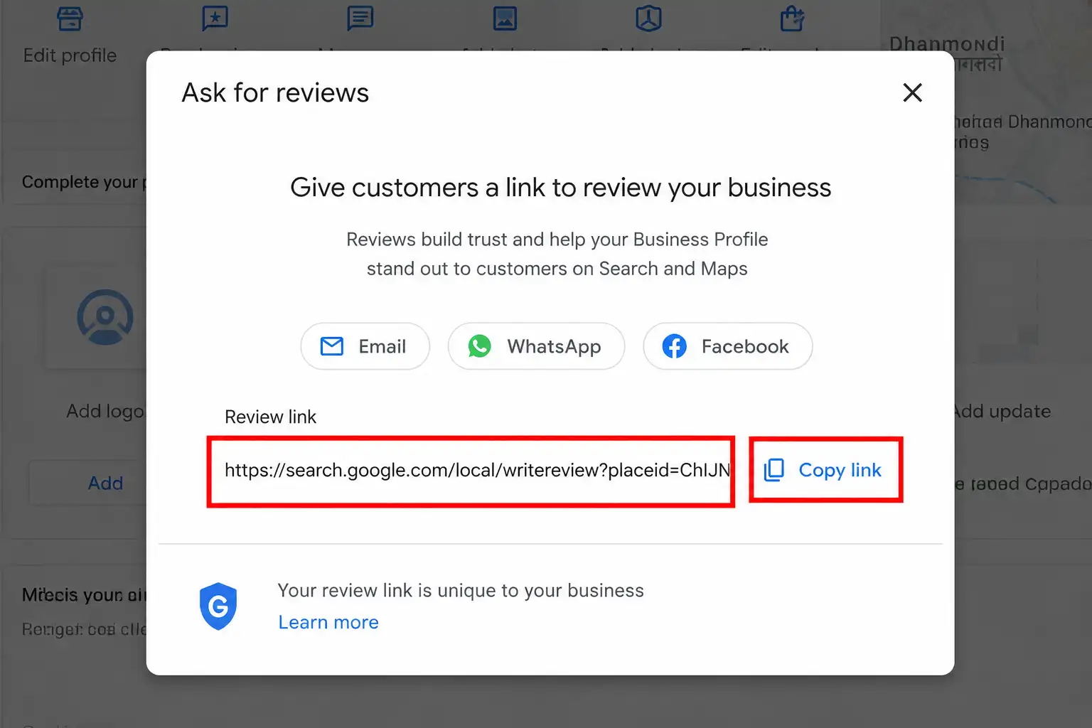 Real Google Business Profile dashboard showing ask for reviews pop-up and direct review link