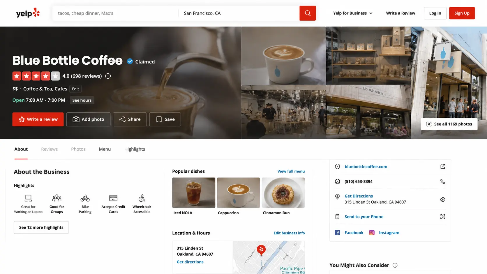 Fully optimized Yelp business profile showcasing complete business info and star ratings