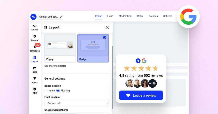 Designer arranging a Google review badge card on a clean website layout.