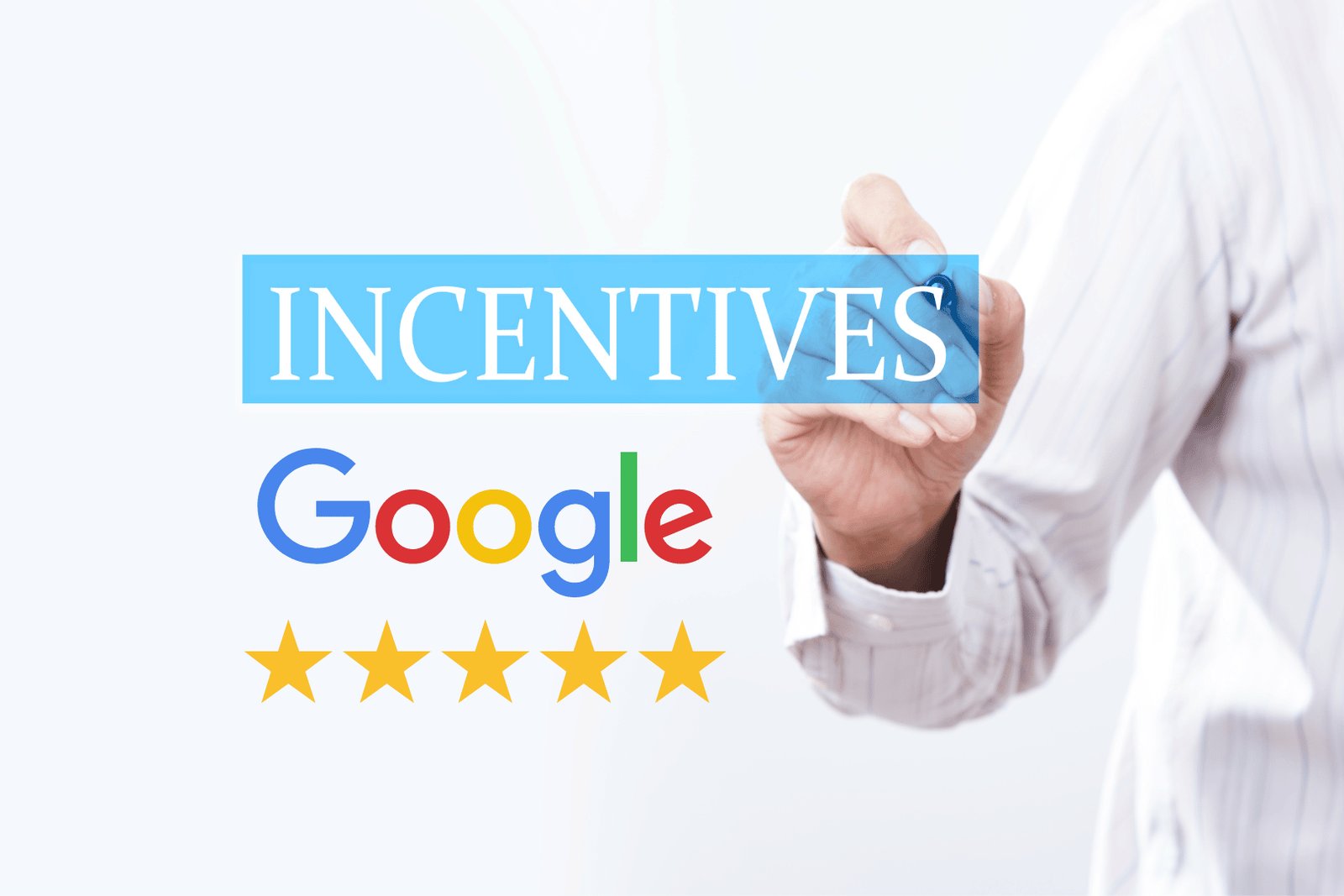 Google review incentives represented by a phone, gift card, coins, and stars.