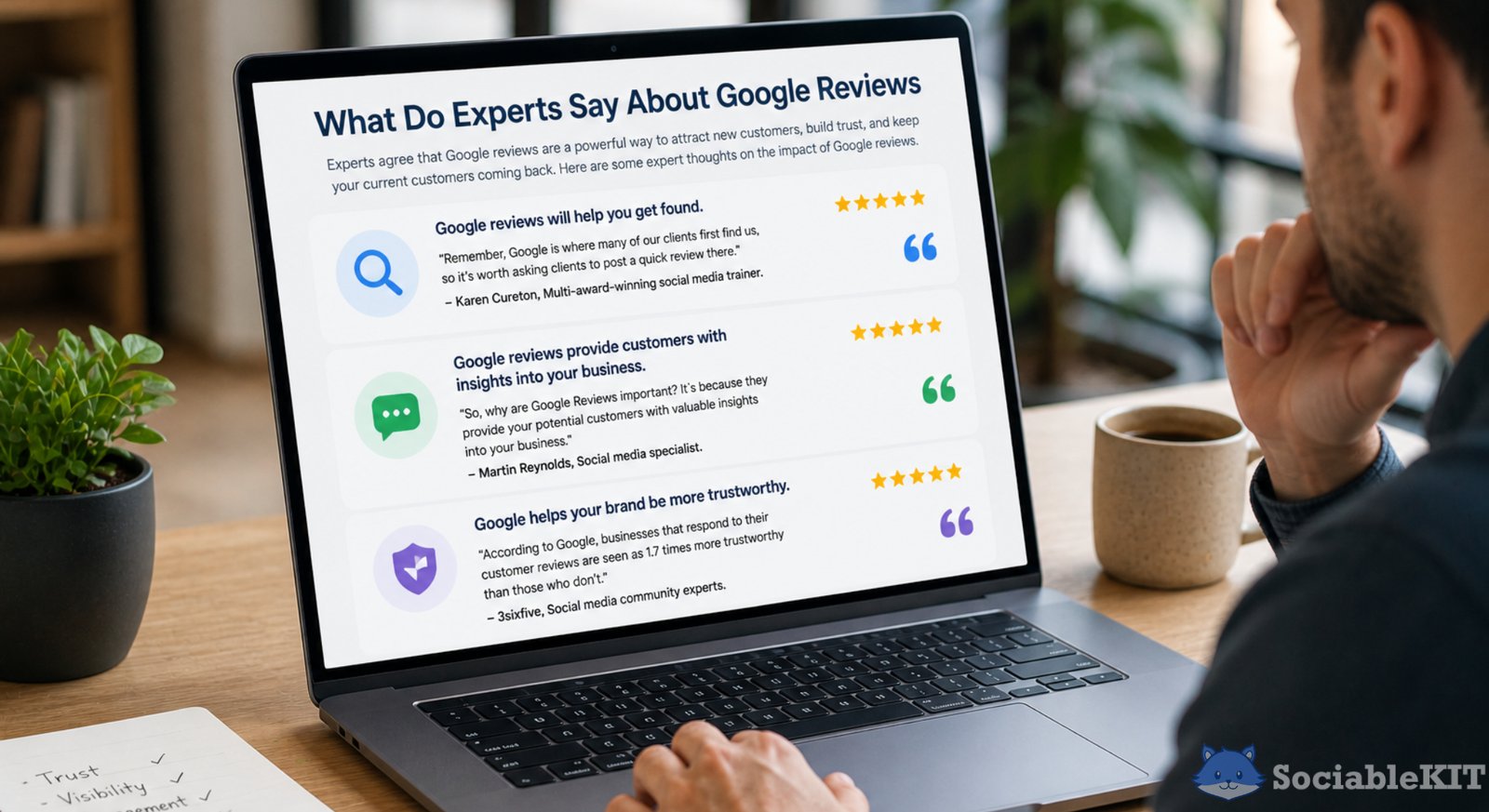 Person evaluates Google reviews with cards and star tokens at a cafe.