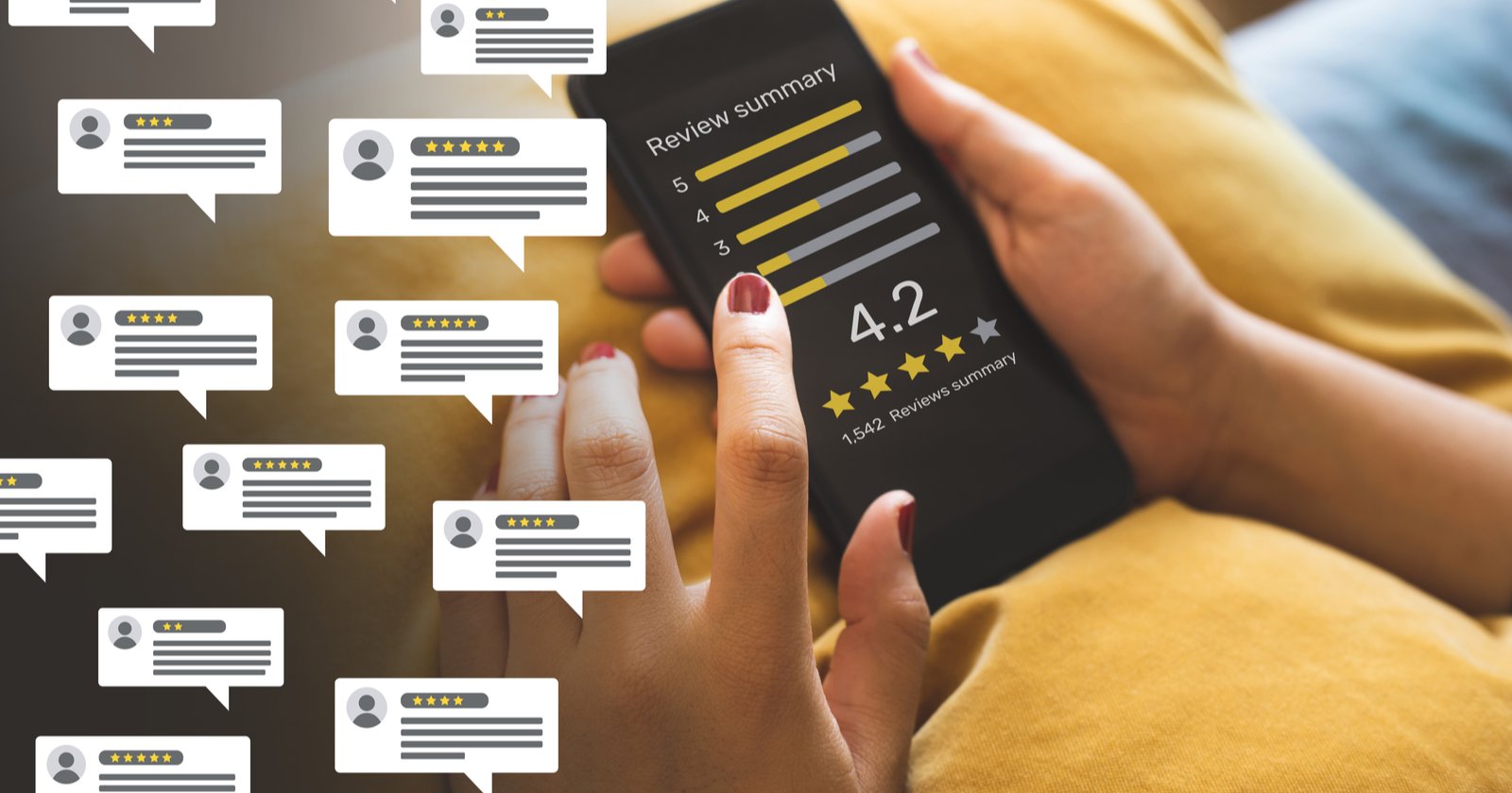 Shop owner reviews customer feedback beside star cards at the counter.