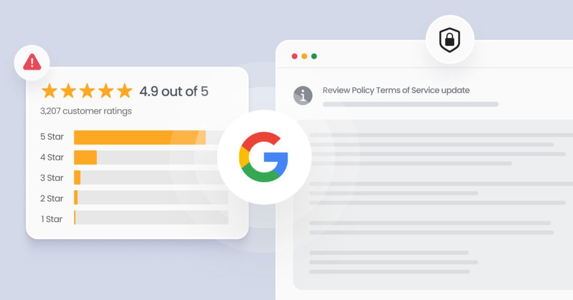 Small business owner and customer discuss Google review policy beside a smartphone and notebook.
